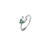 Silver Double Cut Ring , White Rhodium, Natural Green Agate  + Give Love Gift